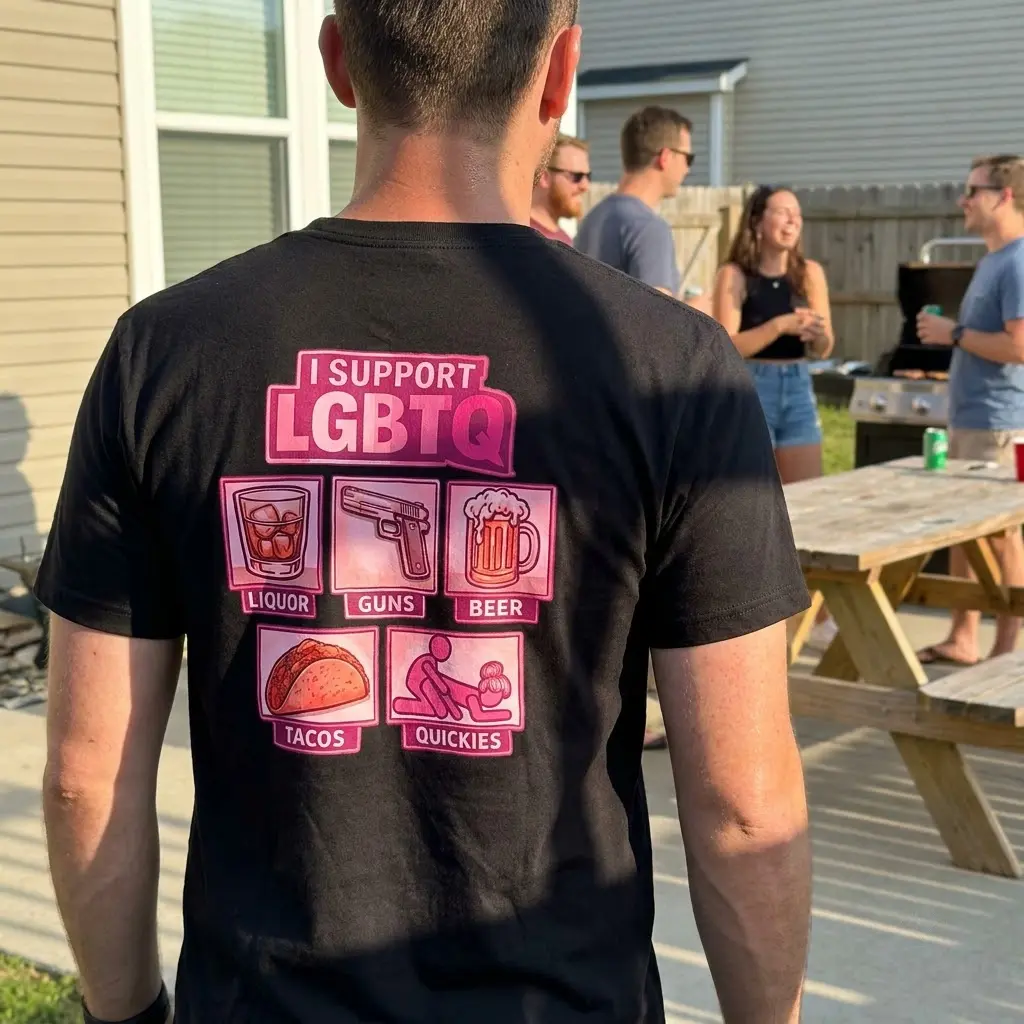 Funny I Support LGBTQ Parody Graphic T-Shirt 5 Lifestyle showcase of the novelty pink LGBTQ parody design on casual apparel.