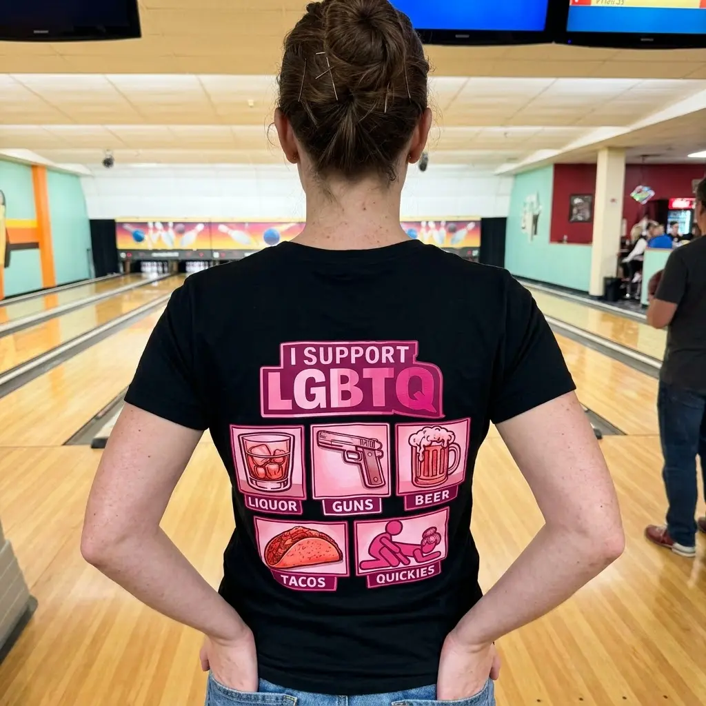 Funny I Support LGBTQ Parody Graphic T-Shirt 6 The humorous LGBTQ vice definition parody graphic displayed on clothing in an everyday setting.