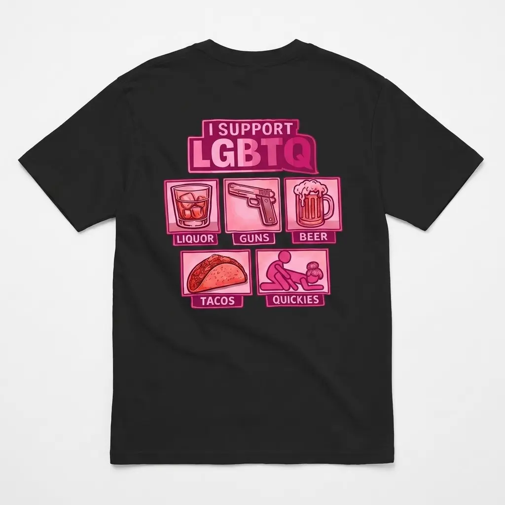 Funny I Support LGBTQ Parody Graphic T-Shirt 1 Back flat lay of a black t-shirt featuring a pink parody LGBTQ graphic defining Liquor, Guns, Beer, Tacos, and Quickies.