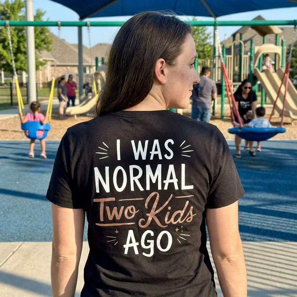 Lifestyle setting showing the back design of the 'I Was Normal Two Kids Ago' shirt.