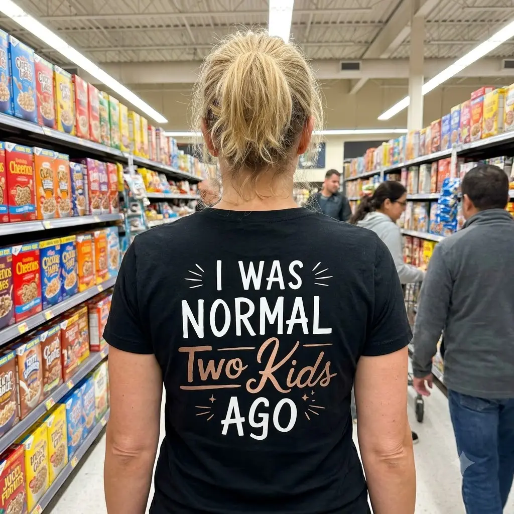Casual lifestyle display featuring the 'I Was Normal Two Kids Ago' apparel design.