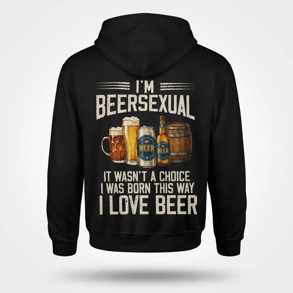 Funny I'm Beersexual Drinking Humor T-Shirt 2 Back flat lay of a hoodie printed with humorous I'm Beersexual graphic and assorted beer drinks.