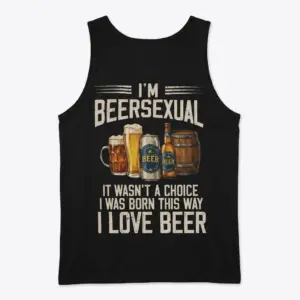 Funny I'm Beersexual Drinking Humor T-Shirt 8 Back flat lay of a tank top with I'm Beersexual I Love Beer text and beer illustrations.
