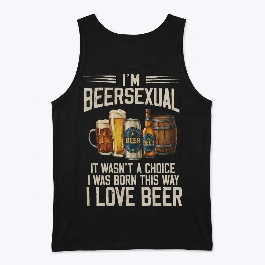 Funny I'm Beersexual Drinking Humor T-Shirt 3 Back flat lay of a tank top with I'm Beersexual I Love Beer text and beer illustrations.