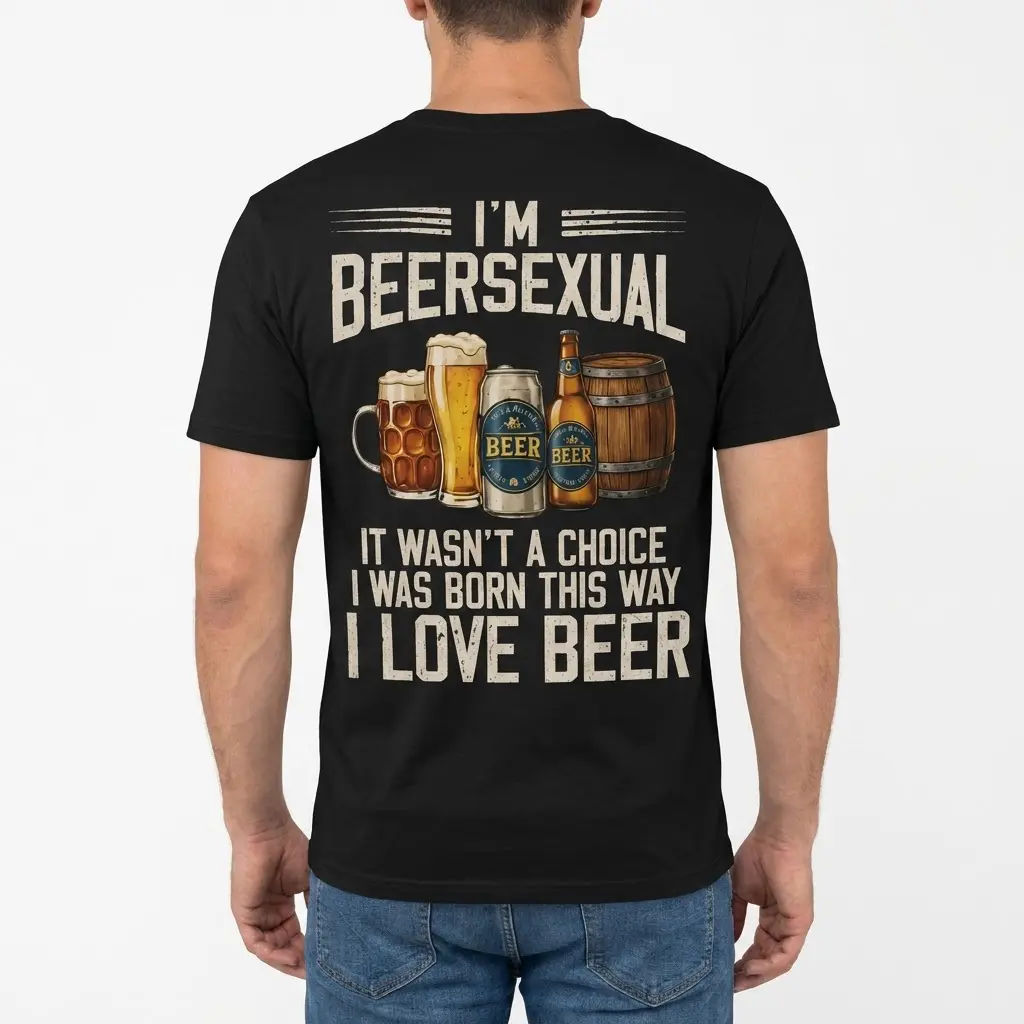 Funny I'm Beersexual Drinking Humor T-Shirt 4 Back view of a man wearing the funny I'm Beersexual graphic t-shirt.