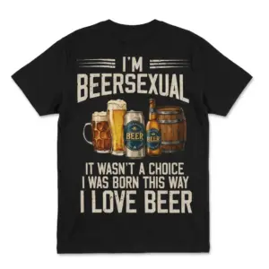 Funny I'm Beersexual Drinking Humor Tank Top 7 Back flat lay of a black t-shirt featuring I'm Beersexual text with mugs, a can, bottle, and wooden keg.