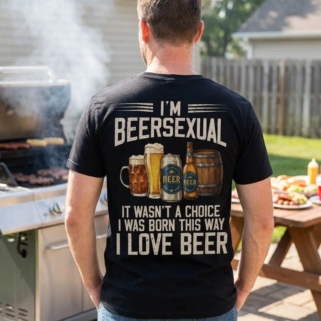 Funny I'm Beersexual Drinking Humor T-Shirt 5 Lifestyle view of the funny beer drinking design featuring beer glasses, can, bottle, and barrel.
