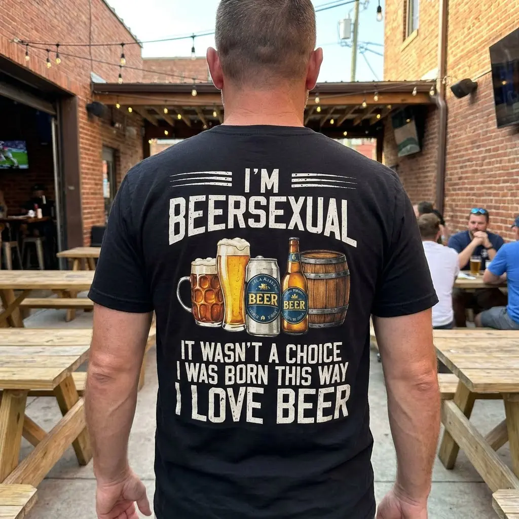 Funny I'm Beersexual Drinking Humor T-Shirt 6 Close-up lifestyle setting featuring the I'm Beersexual I Love Beer drinking humor apparel.