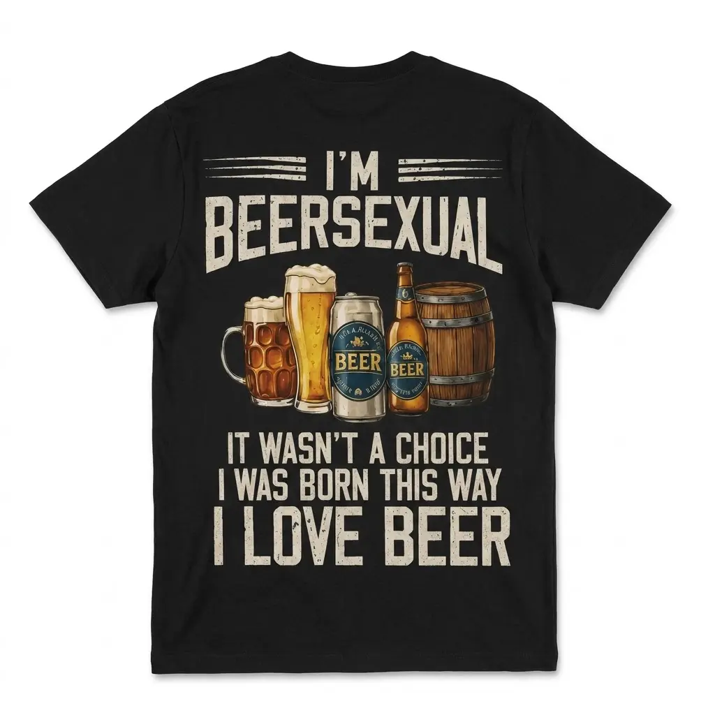 Funny I'm Beersexual Drinking Humor T-Shirt 1 Back flat lay of a black t-shirt featuring I'm Beersexual text with mugs, a can, bottle, and wooden keg.