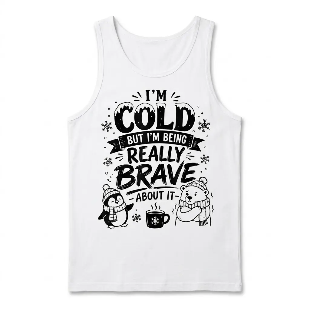 Funny 'I'm Cold But Brave' Winter T-Shirt 2 White tank top flatlay featuring the 'I'm Cold But I'm Being Really Brave About It' graphic with a cute penguin and shivering polar bear.