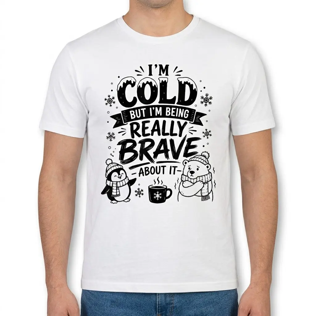 Funny 'I'm Cold But Brave' Winter T-Shirt 3 Man wearing the white 'I'm Cold But I'm Being Really Brave About It' t-shirt, featuring a penguin, polar bear, and snowflakes.