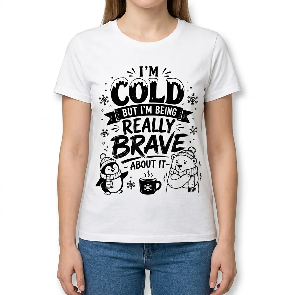 Funny 'I'm Cold But Brave' Winter T-Shirt 4 Woman wearing the white t-shirt with the funny winter graphic: "I'm Cold But I'm Being Really Brave About It", a penguin, and a polar bear.