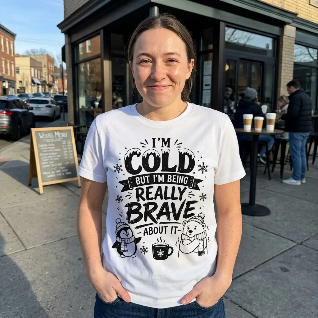 Funny 'I'm Cold But Brave' Winter T-Shirt 5 White shirt with the "I'm Cold But I'm Being Really Brave About It" graphic, including a cute penguin, shivering polar bear, and steaming mug design.