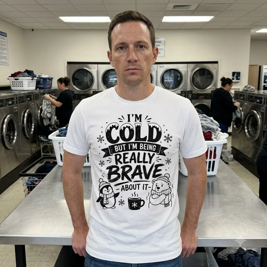 Funny 'I'm Cold But Brave' Winter T-Shirt 6 The humorous 'I'm Cold But I'm Being Really Brave About It' graphic on a white top, featuring a bundled-up penguin and shivering polar bear.