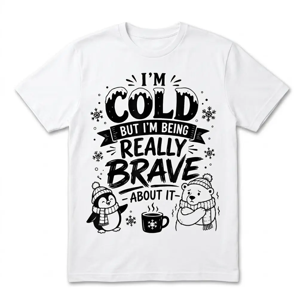 Funny 'I'm Cold But Brave' Winter T-Shirt 1 White t-shirt flatlay showing the funny 'I'm Cold But Brave' design with a shivering polar bear, penguin, and steaming mug.
