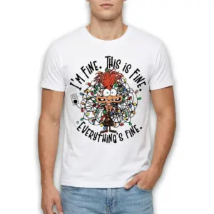 Funny I'm Fine Christmas Lights Graphic T-Shirt 8 Flat lay of T-shirt showcasing humorous Christmas lights illustration.