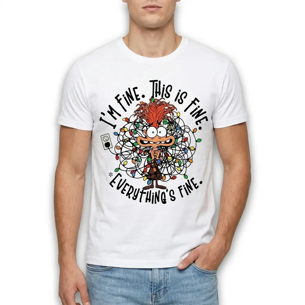 Flat lay of T-shirt showcasing humorous Christmas lights illustration.