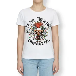 Funny I'm Fine Christmas Lights Graphic T-Shirt 9 Front view of T-shirt with playful Christmas lights design.