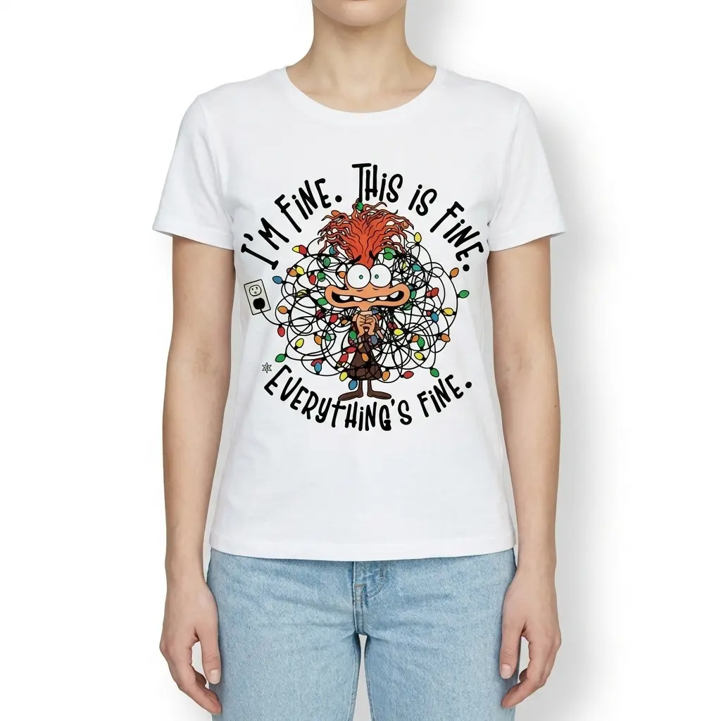 Front view of T-shirt with playful Christmas lights design.