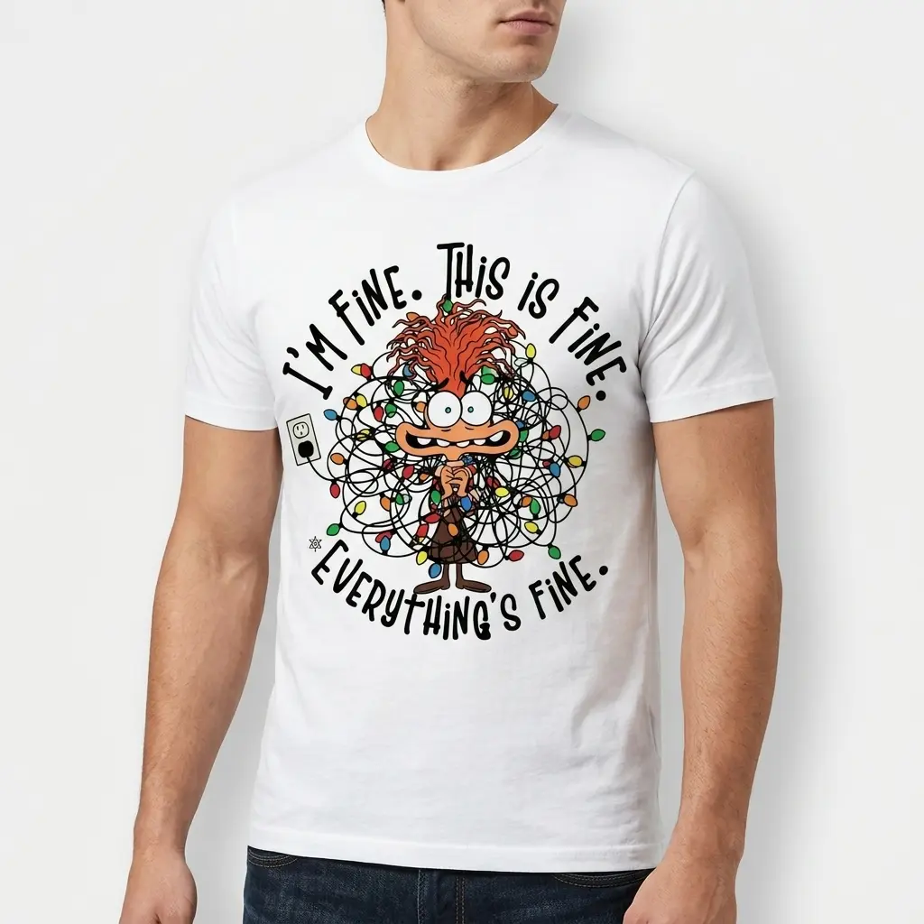Detailed view of Christmas lights graphic on white T-shirt.