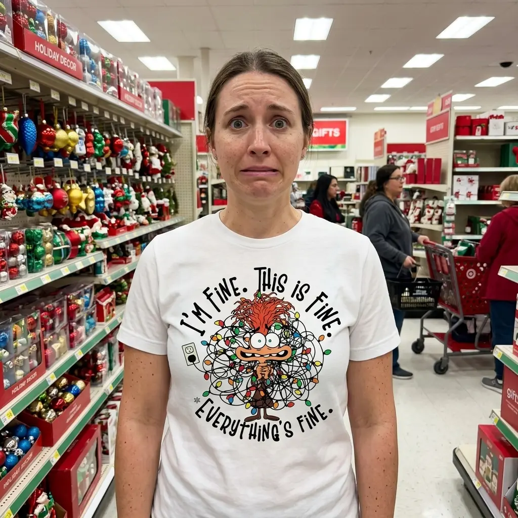 Person wearing T-shirt with comical Christmas lights artwork.