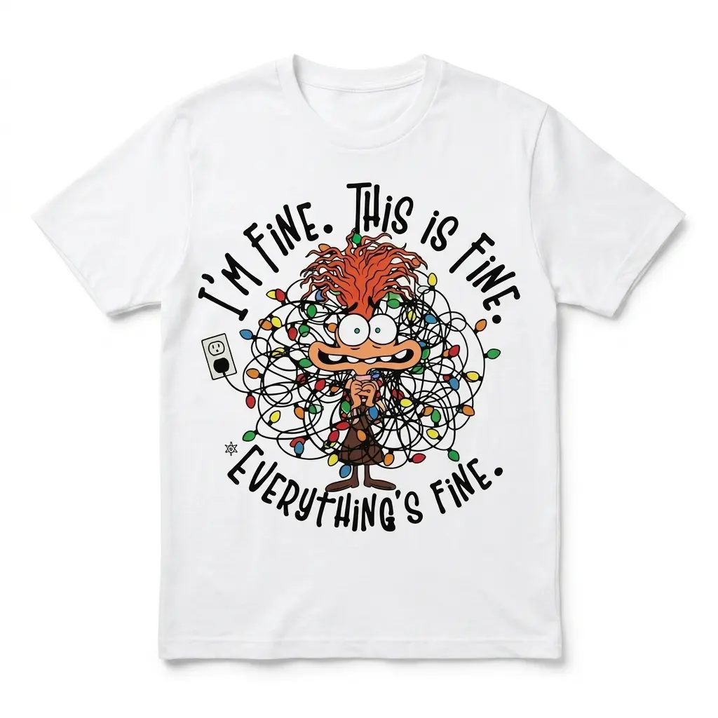 White T-shirt with a funny Christmas lights graphic and quirky character.
