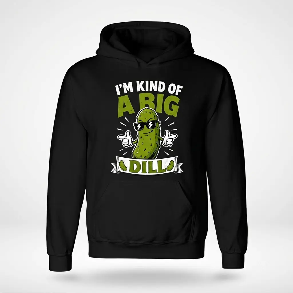 Black hoodie with the funny design of a cool pickle character wearing shades and pointing, spelling out "I'M KIND OF A BIG DILL".