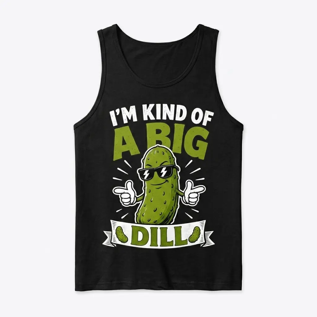 Black tanktop displaying the humorous "I'M KIND OF A BIG DILL" pun, featuring a confident pickle illustration in sunglasses.