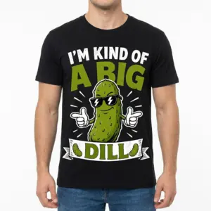 Funny I'm Kind of a Big Dill Pickle Pun T-Shirt 9 Front view of a black t-shirt worn by a man, featuring the playful "I'M KIND OF A BIG DILL" design with a cool pickle character.