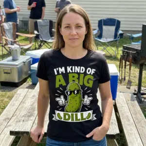 Funny I'm Kind of a Big Dill Pickle Pun T-Shirt 11 Black tee featuring the humorous "I'M KIND OF A BIG DILL" pun, complete with a cool pickle character wearing shades.
