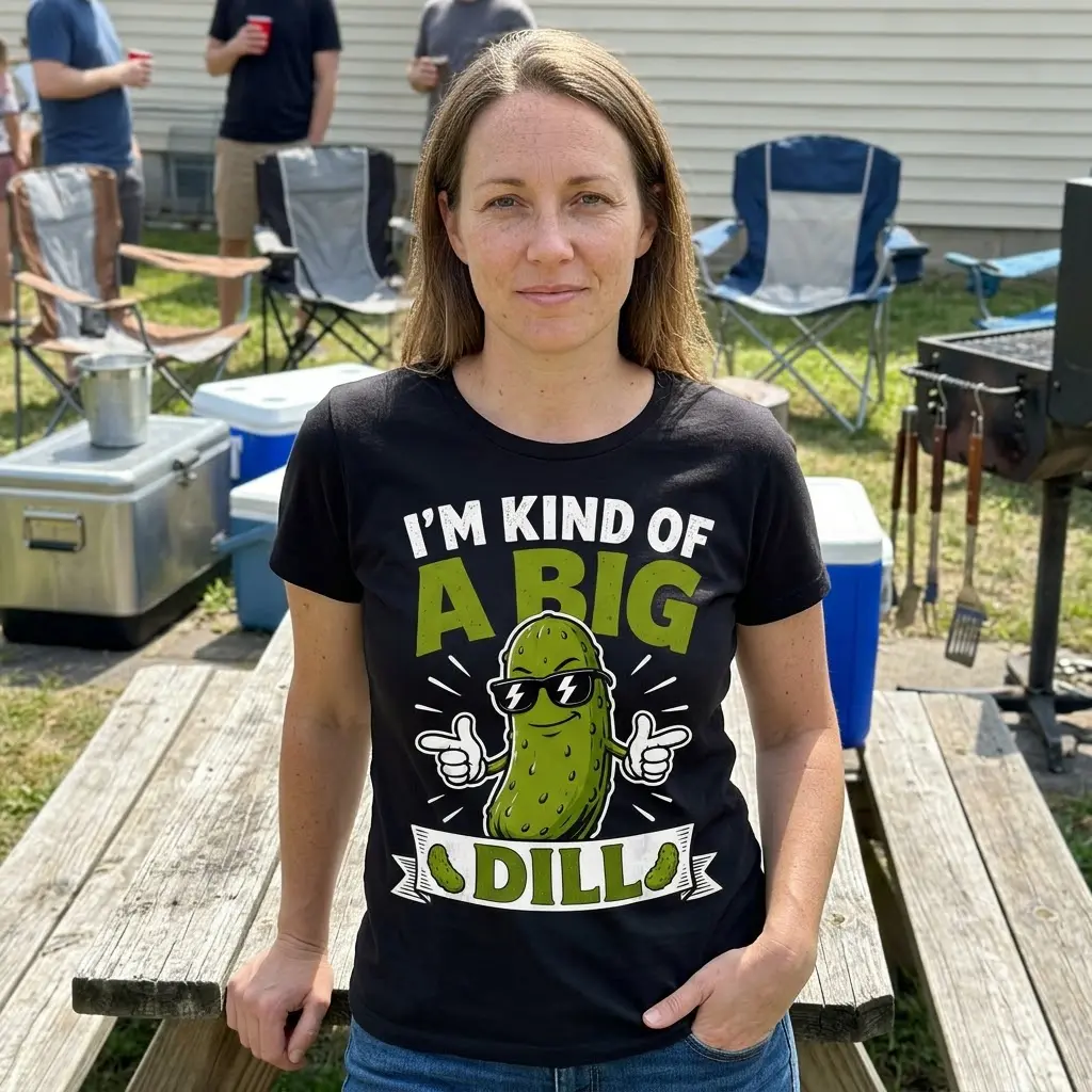 Black tee featuring the humorous "I'M KIND OF A BIG DILL" pun, complete with a cool pickle character wearing shades.
