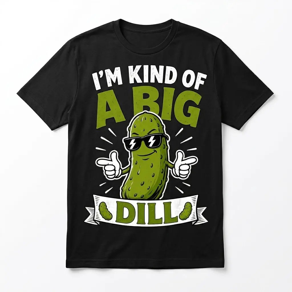 Black t-shirt featuring a cartoon pickle in sunglasses pointing, with the pun "I'M KIND OF A BIG DILL" in white and green text.