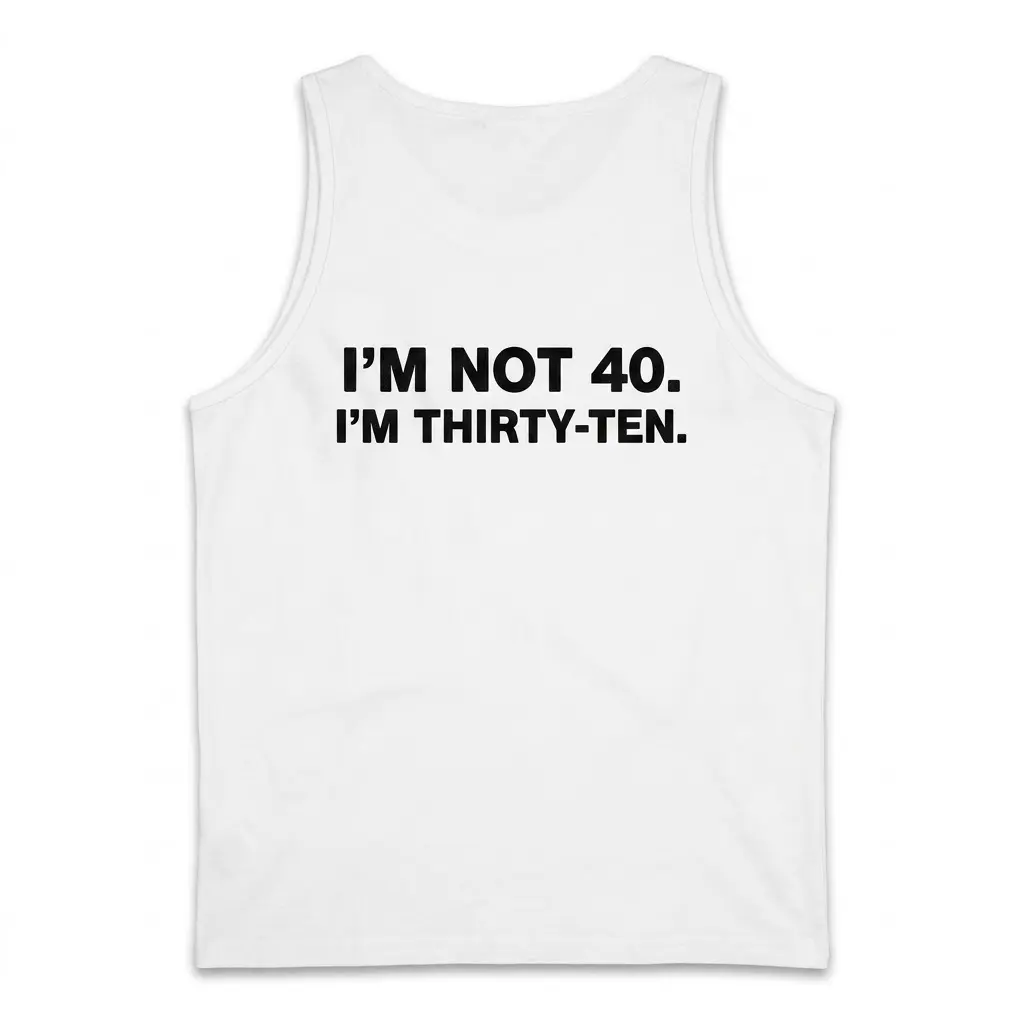 Funny I'm Not 40 I'm Thirty-Ten Birthday T-Shirt 3 Back view flat lay of a white tank top with the humorous text I'M NOT 40. I'M THIRTY-TEN.