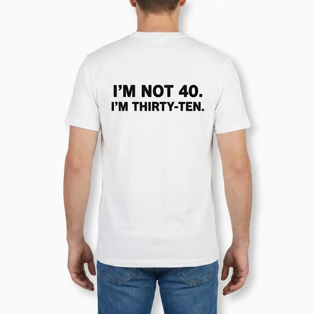 Funny I'm Not 40 I'm Thirty-Ten Birthday T-Shirt 4 Rear view of a man wearing a white shirt displaying the phrase I'M NOT 40. I'M THIRTY-TEN.