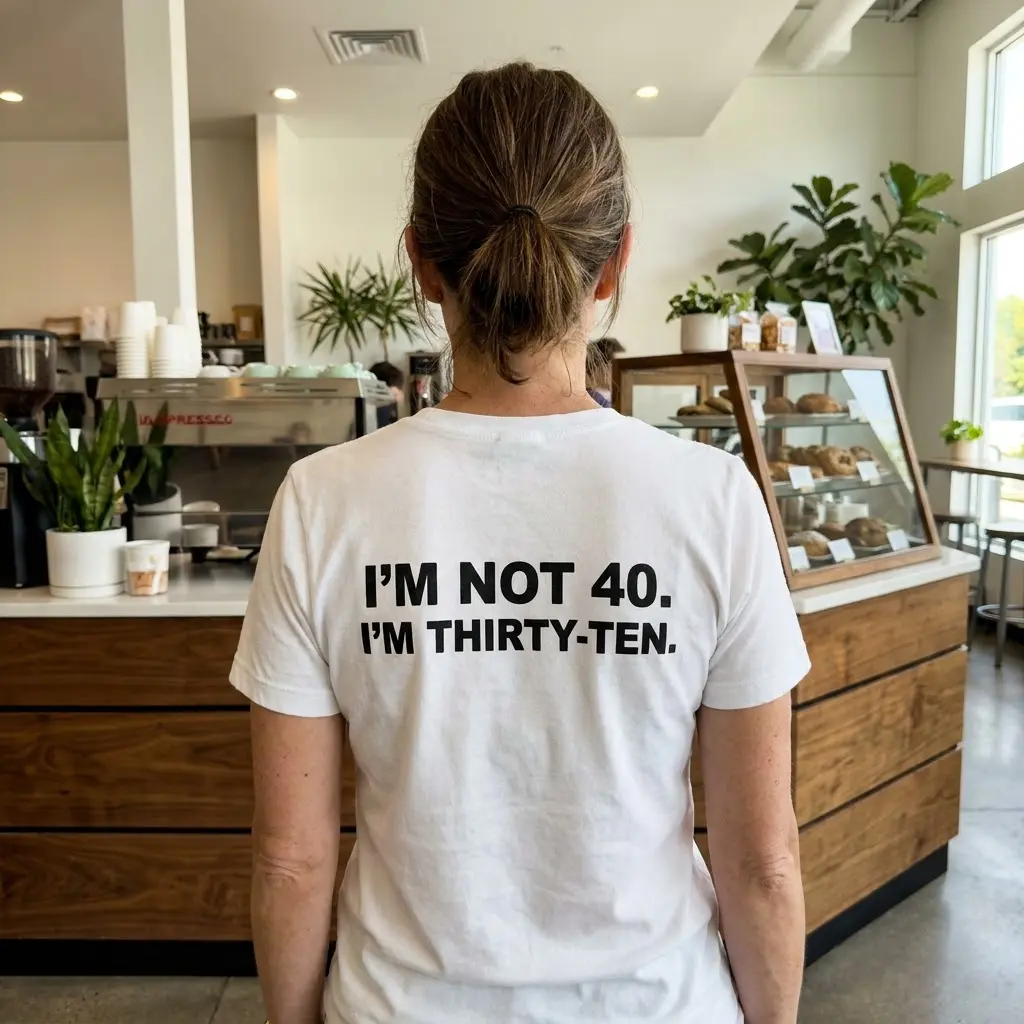 Funny I'm Not 40 I'm Thirty-Ten Birthday T-Shirt 6 Casual lifestyle view featuring the humorous I'm Not 40 I'm Thirty-Ten shirt design.