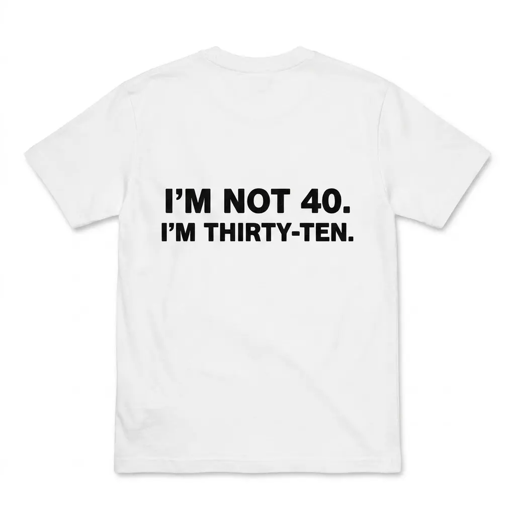 Funny I'm Not 40 I'm Thirty-Ten Birthday T-Shirt 1 Back view of a white t-shirt featuring the text I'M NOT 40. I'M THIRTY-TEN. in bold black lettering.