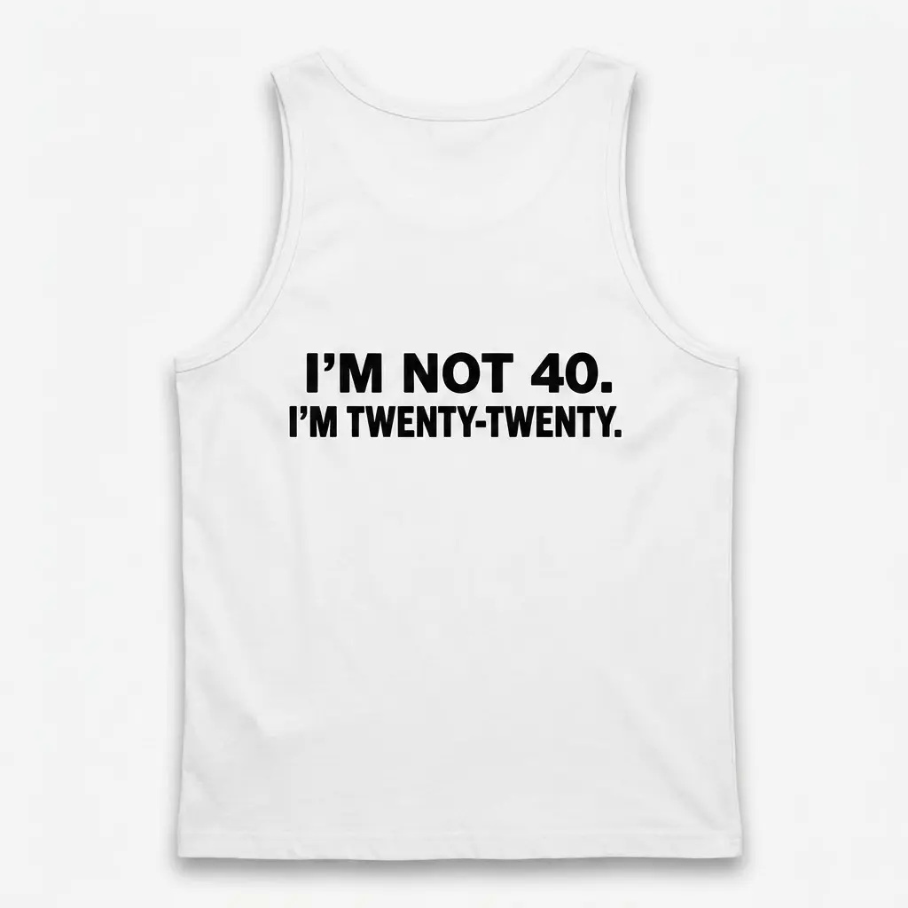 Funny I'm Not 40 Twenty-Twenty Birthday T-Shirt 3 Flat lay view of the back of a tank top with the text I'M NOT 40. I'M TWENTY-TWENTY.