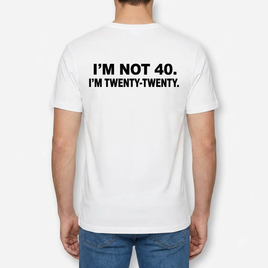 Funny I'm Not 40 Twenty-Twenty Birthday T-Shirt 4 Back view of a man wearing a t-shirt printed with I'M NOT 40. I'M TWENTY-TWENTY.