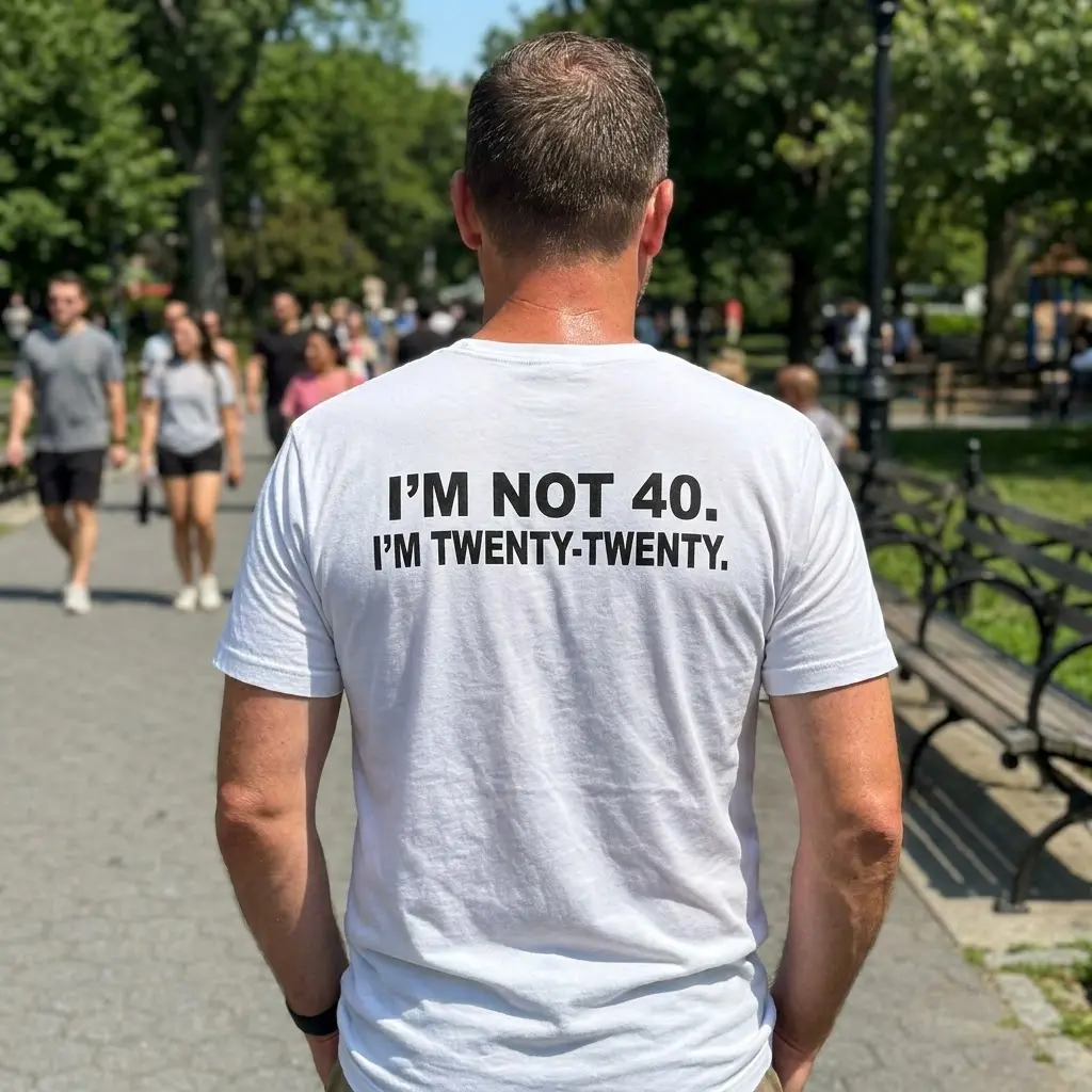 Funny I'm Not 40 Twenty-Twenty Birthday T-Shirt 5 Lifestyle view of the back of a t-shirt featuring the funny quote I'M NOT 40. I'M TWENTY-TWENTY.