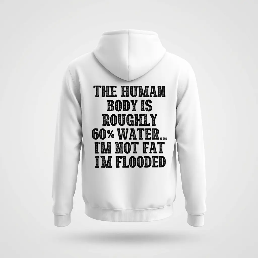 Back flat lay of a hoodie featuring the sarcastic quote: The human body is roughly 60% water... I'm not fat I'm flooded.