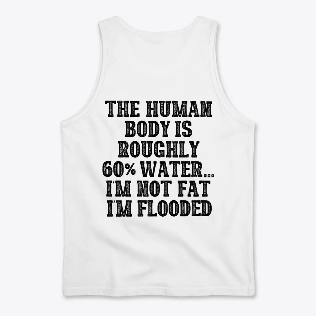 Back flat lay view of a tank top printed with the humorous text: The human body is roughly 60% water... I'm not fat I'm flooded.