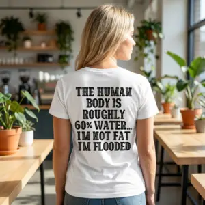 Funny I'm Not Fat I'm Flooded Graphic T-Shirt 10 Lifestyle view showcasing the back of a shirt featuring the funny graphic quote about being flooded instead of fat.