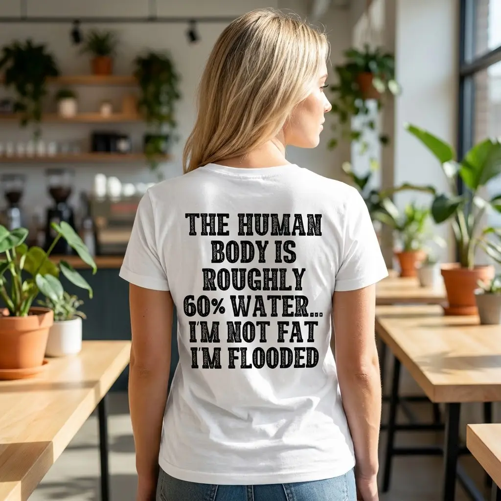 Lifestyle view showcasing the back of a shirt featuring the funny graphic quote about being flooded instead of fat.
