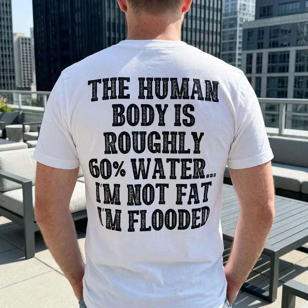 Lifestyle setting showing the humorous flooded body water quote design printed on the back of the apparel.
