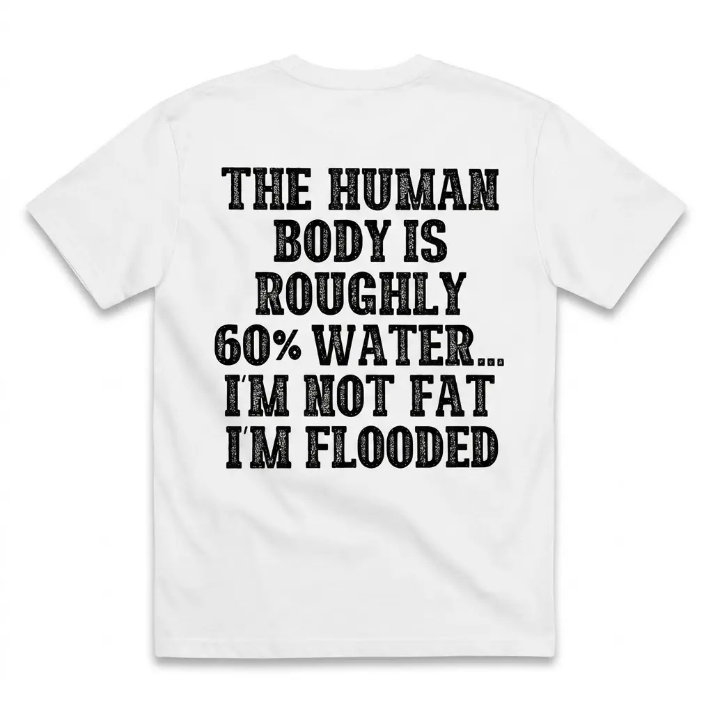 Back view of a white flat lay t-shirt with funny text: The human body is roughly 60% water... I'm not fat I'm flooded.