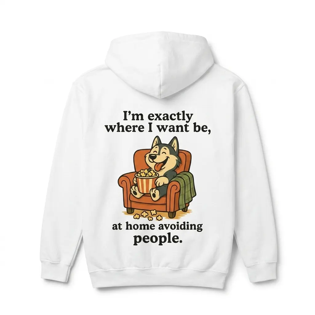 Back view of a dog lover t-shirt featuring a cartoon dog on an armchair, surrounded by popcorn.