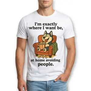 Funny Introvert Dog Homebody T-Shirt 8 Close-up of a funny introvert dog shirt, showing a relaxed dog with popcorn on a chair.