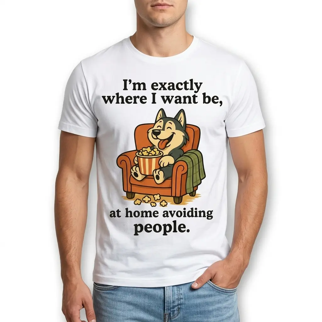 Close-up of a funny introvert dog shirt, showing a relaxed dog with popcorn on a chair.