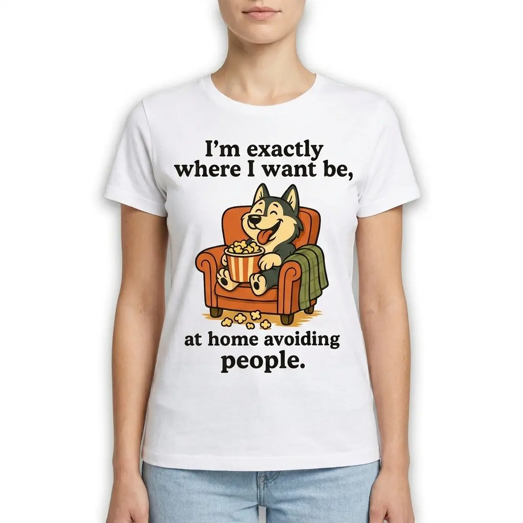 T-shirt design featuring a dog lounging with popcorn, emphasizing a homebody theme.