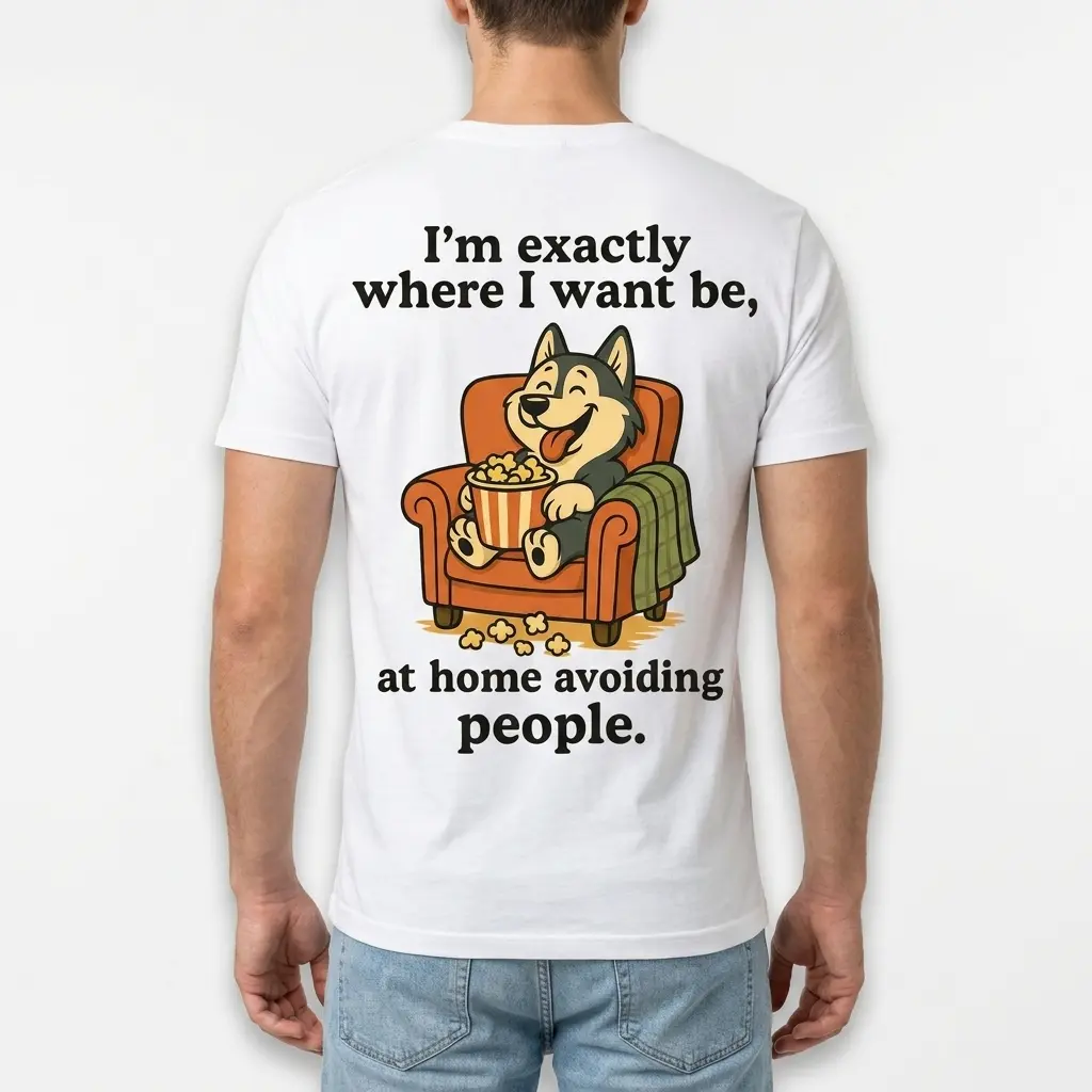 Humorous t-shirt for introvert dog lovers, depicting a content dog with snacks on a chair.